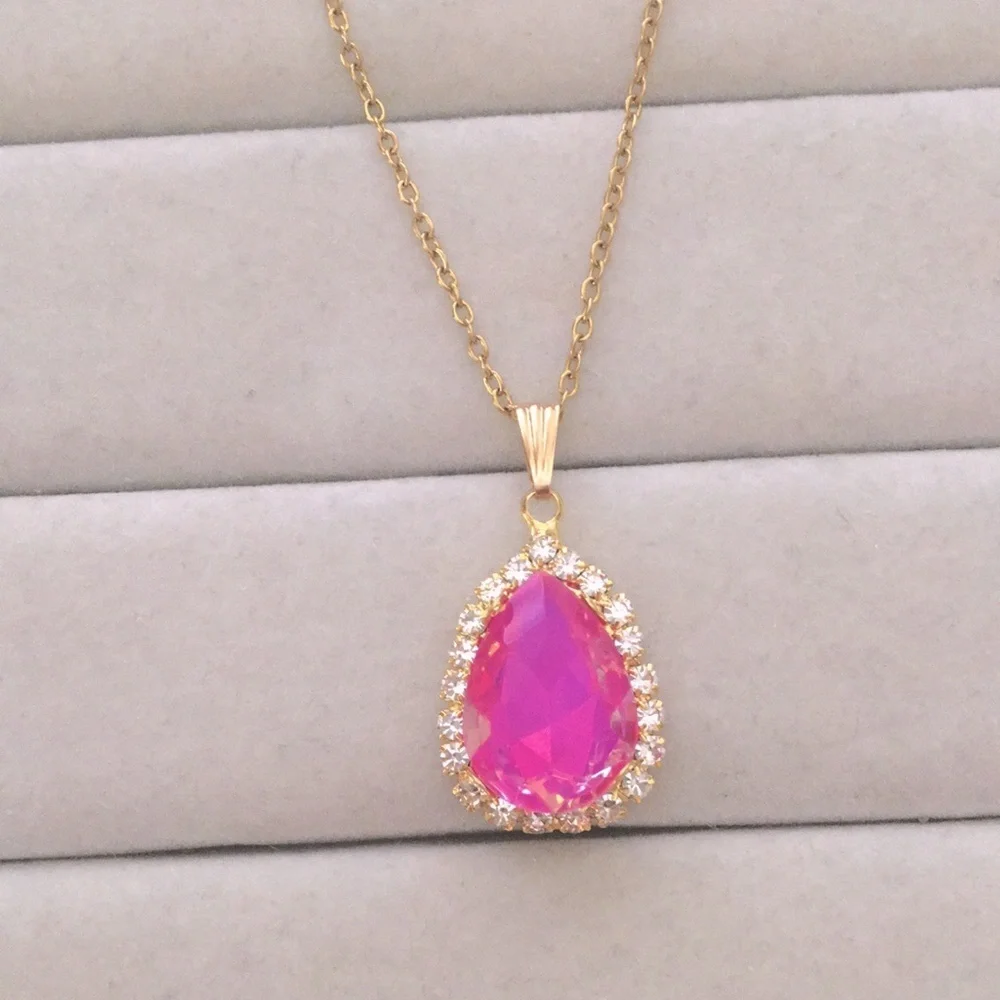 Fuchsia Hot Pink Opal Aurora Borealis + Gold Crystal Halo Drop Pendant Necklace